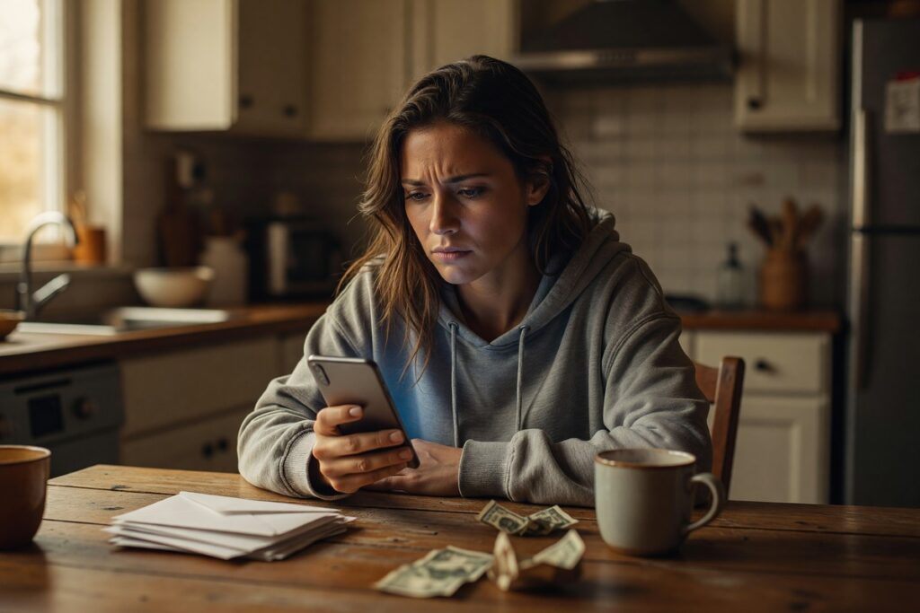 Person reviewing debt collector text messages on smartphone with legal document in background