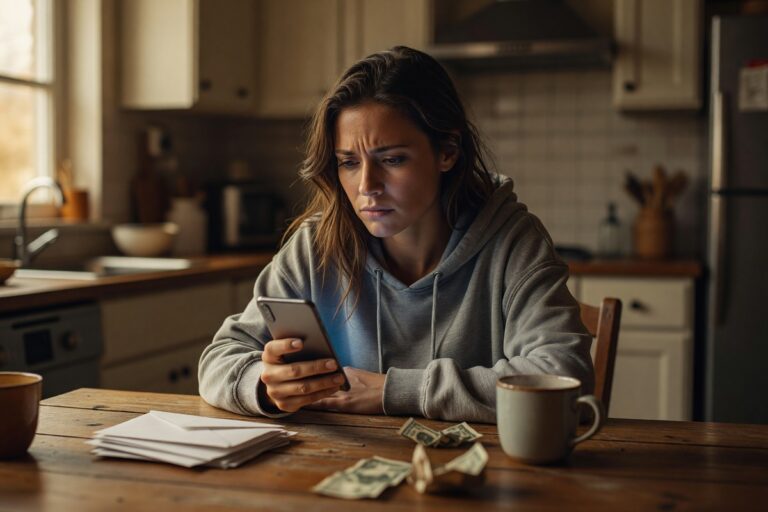 Person reviewing debt collector text messages on smartphone with legal document in background