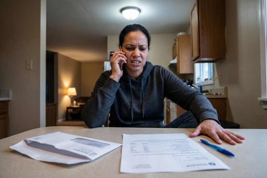 Person on phone facing aggressive debt collector tactics with a know-your-rights guide open on the table