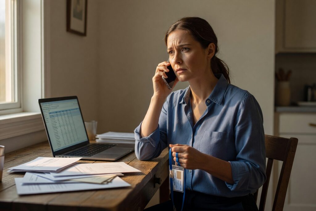 stressed employee receiving debt collector workplace call at office desk