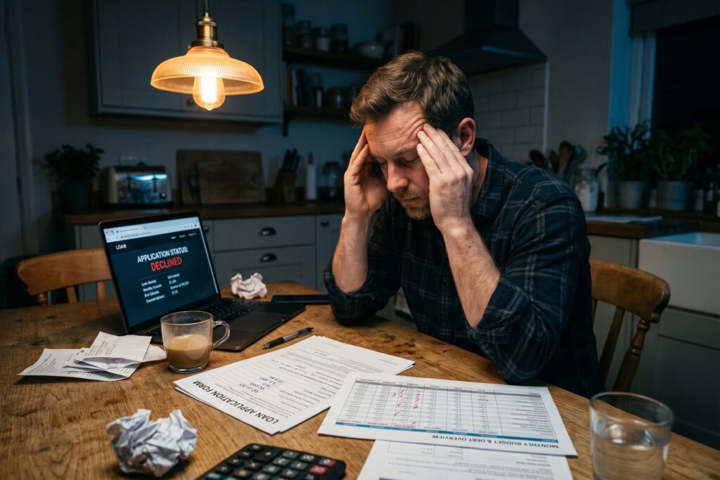 A person reviewing a loan denial letter next to a calculator and debt statements on a desk