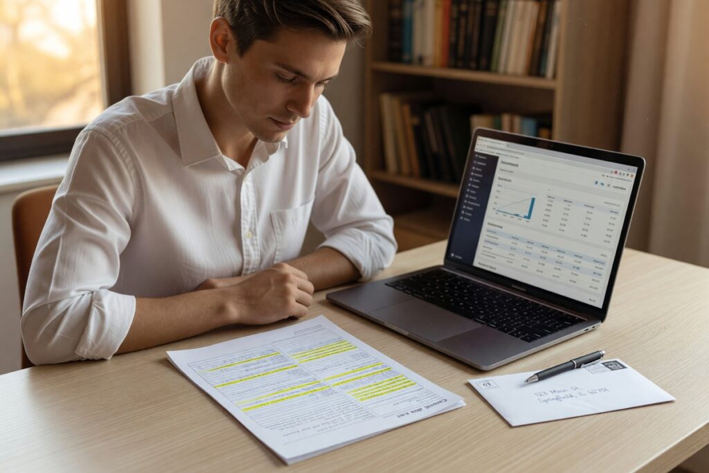 Person reviewing credit report documents and filing a dispute letter to correct errors