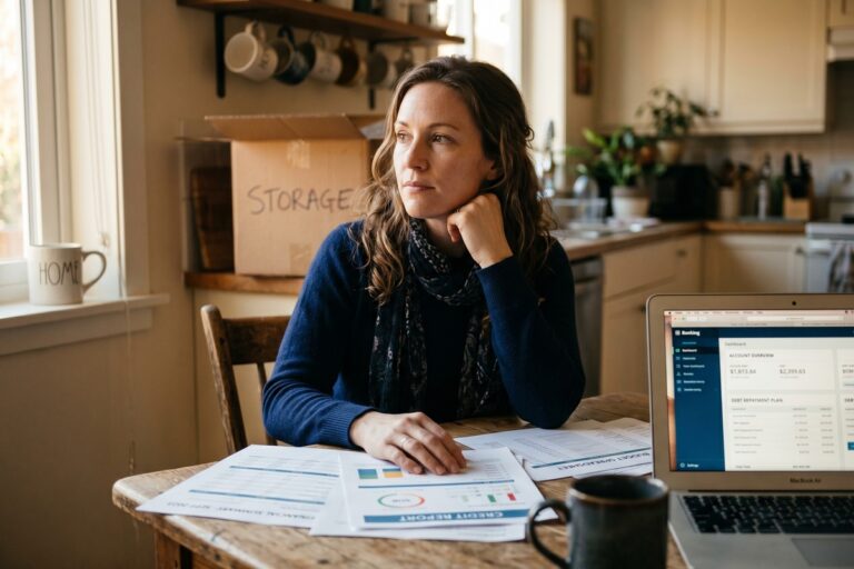 Stressed person reviewing credit report documents after a recent divorce