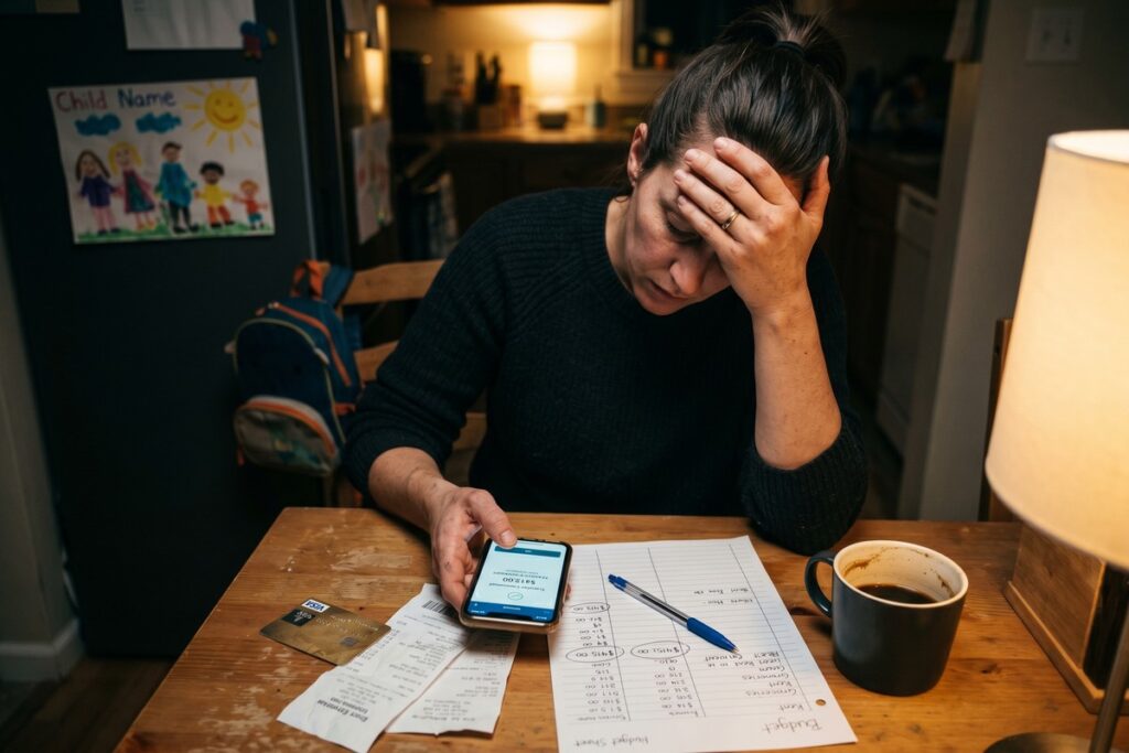 Divorced parent reviewing emergency cash options alone at a desk with financial documents