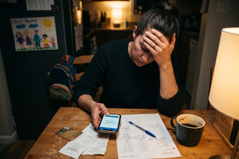 Divorced parent reviewing emergency cash options alone at a desk with financial documents