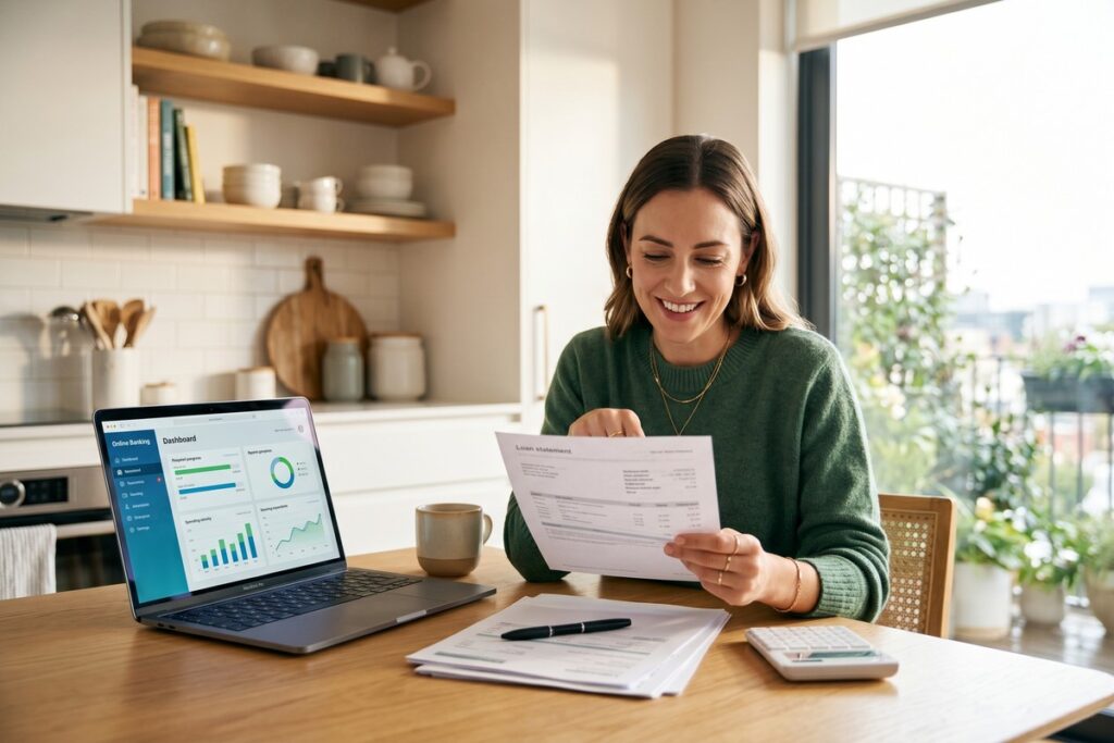 Person reviewing short-term loan documents considering early repayment to save money