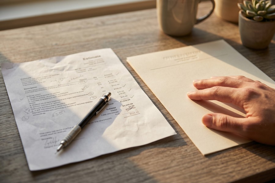 Step-by-step early payoff savings calculation worksheet on a desk