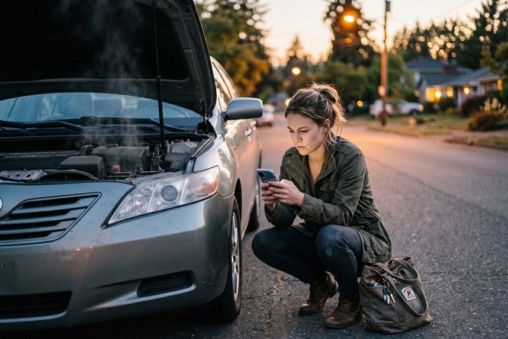 Person stressed over car repair bill exploring emergency car repair funding options on laptop