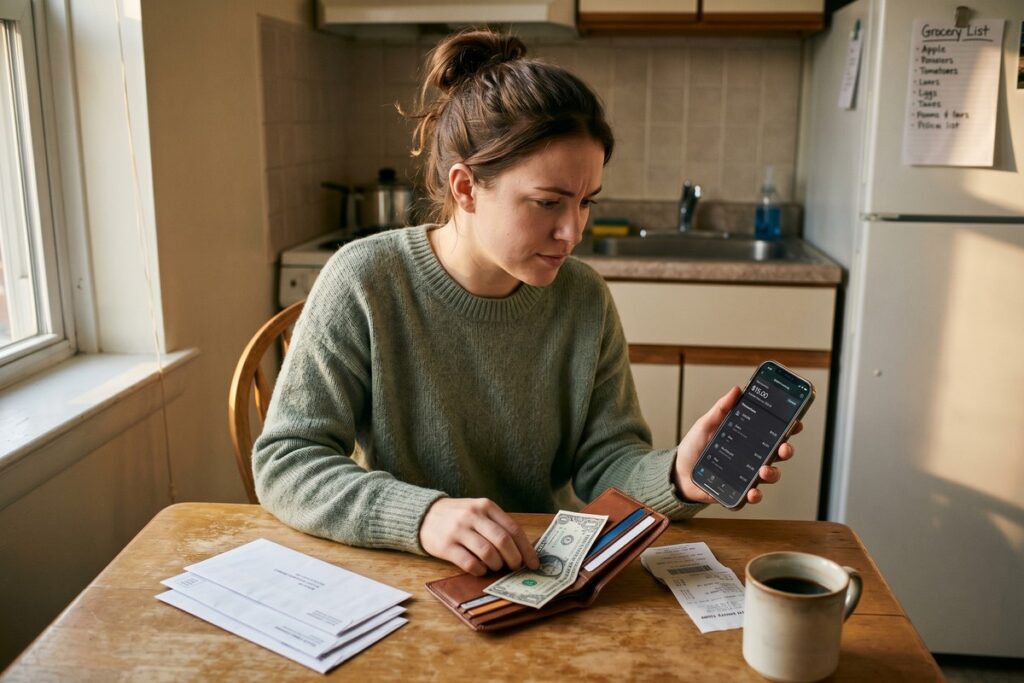 Person reviewing emergency cash options between paychecks on a laptop with an empty wallet nearby