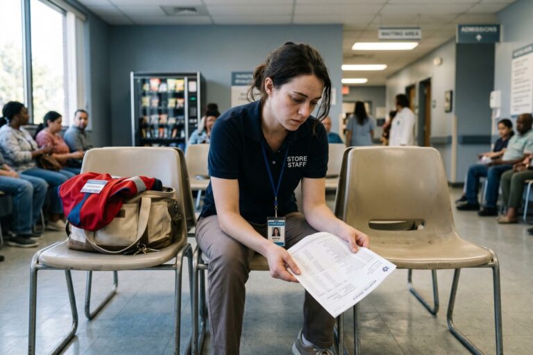 Retail worker reviewing emergency cash options on a laptop after unexpected medical bill