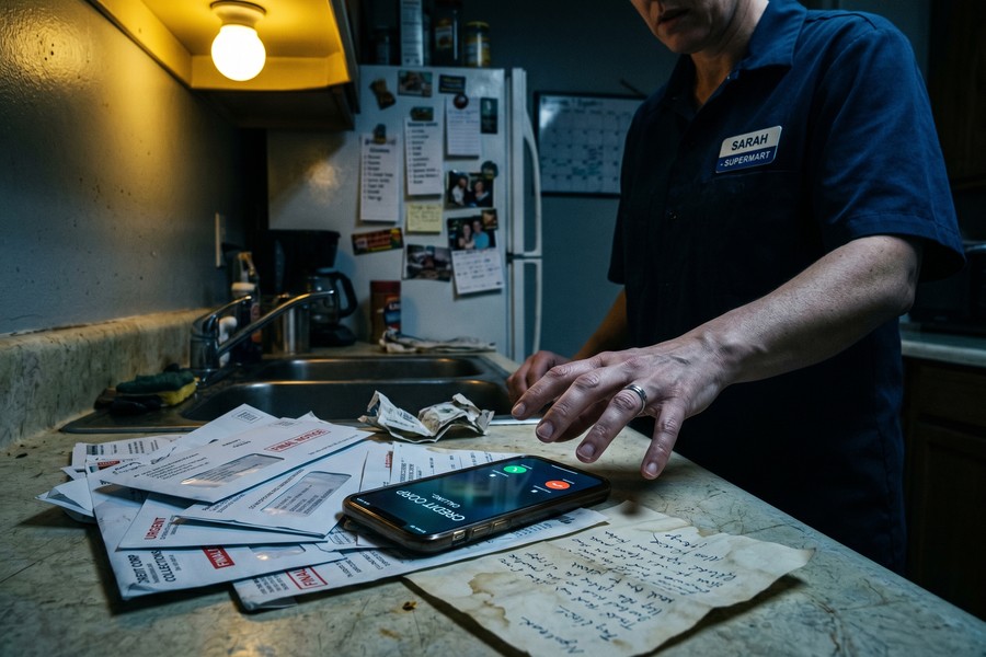 A credit score gauge rising after a medical debt payment plan is established by a part-time worker