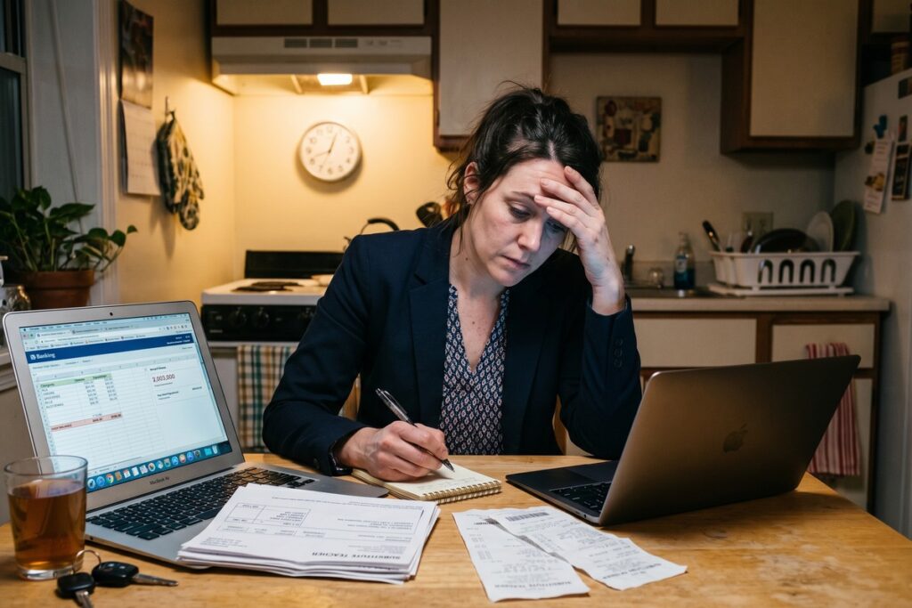 A substitute teacher sitting at a classroom desk reviewing financial documents and loan options on a laptop