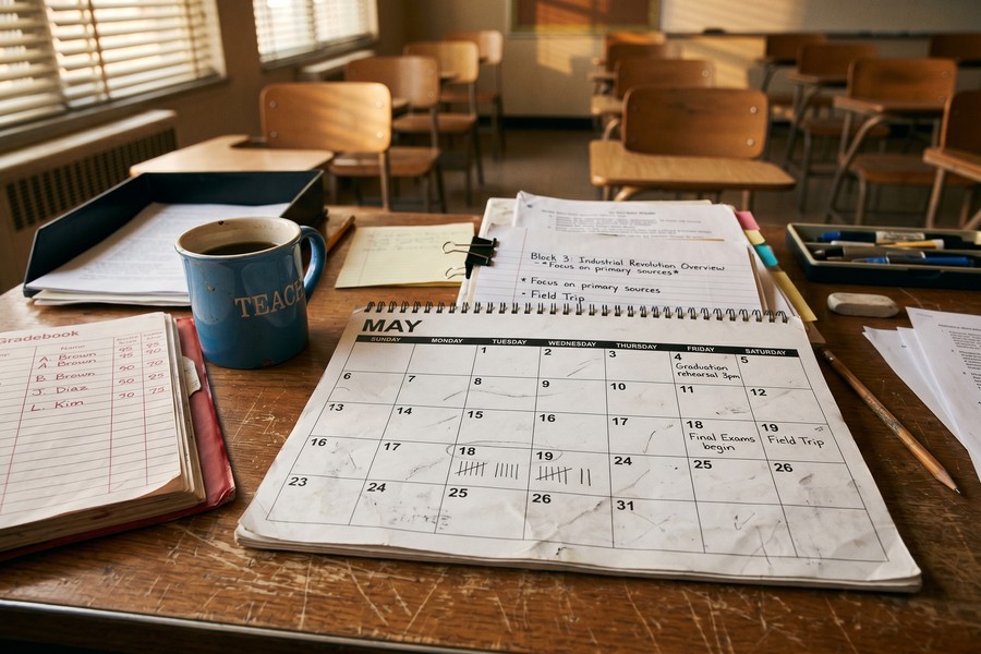 A substitute teacher reviewing pay stubs and an unemployment insurance appeal form at a desk