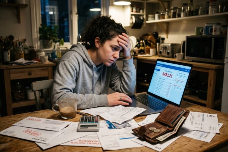 Beginner making emergency finance mistakes while expert reviews financial plan