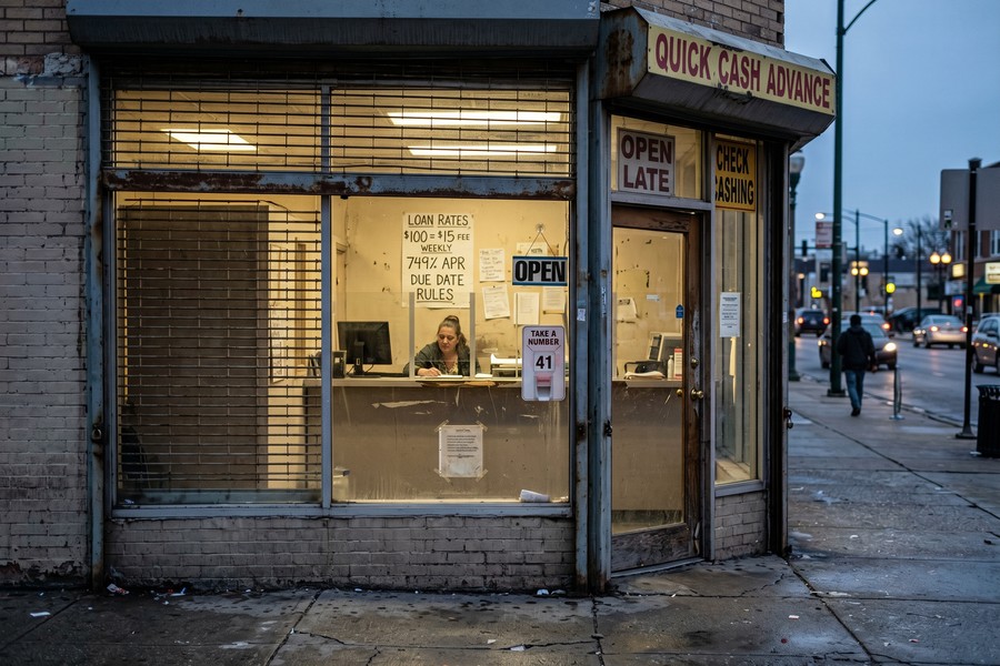 Split-screen comparison showing a traditional payday lender storefront versus a modern fintech app interface on a smartphone