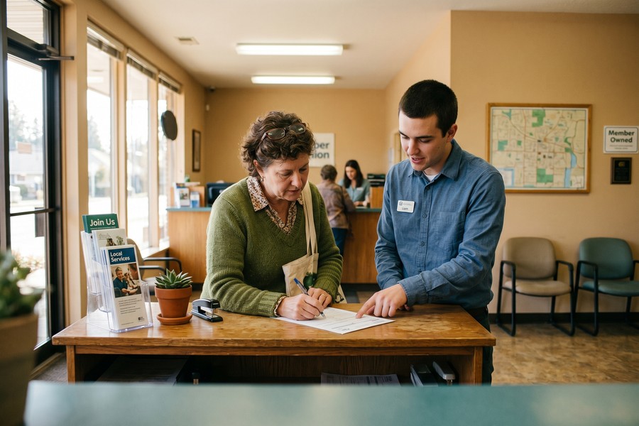 A friendly credit union loan officer reviewing documents with a borrower at a desk