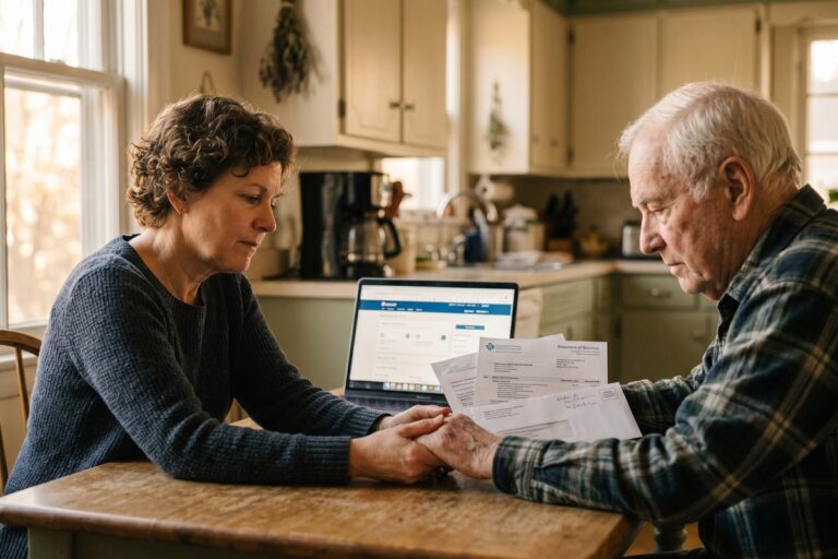 Caregiver reviewing emergency finance options while supporting an elderly loved one at home
