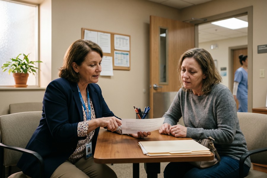 A caregiver reviewing nonprofit grant applications and medical bills at a kitchen table