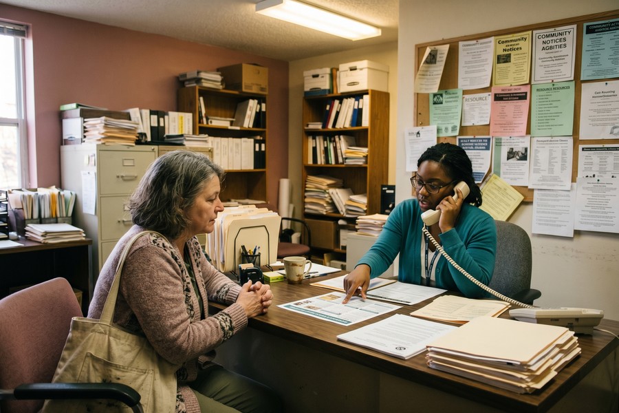 A social worker connecting a caregiver with local assistance programs over the phone