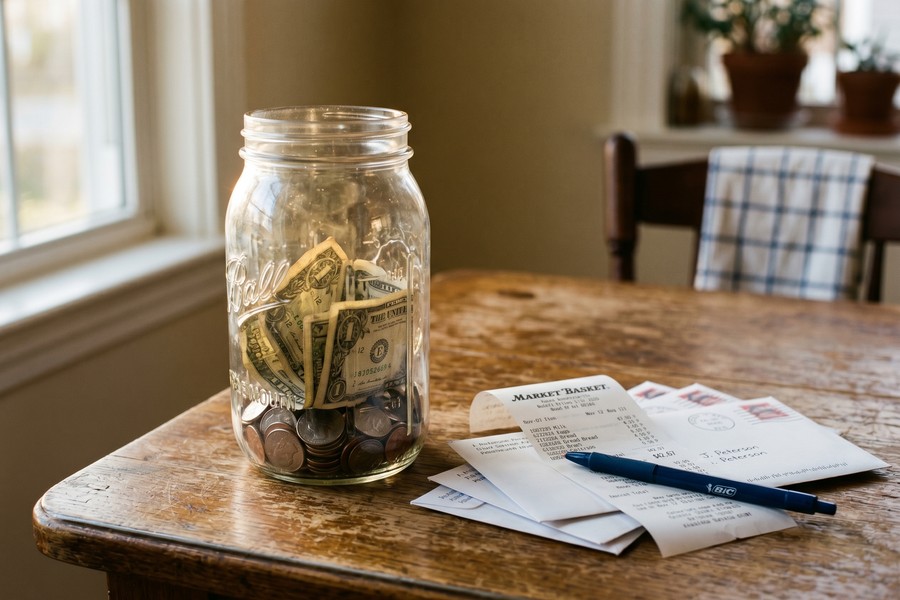 Caregiver organizing emergency finance documents and assistance program applications at home