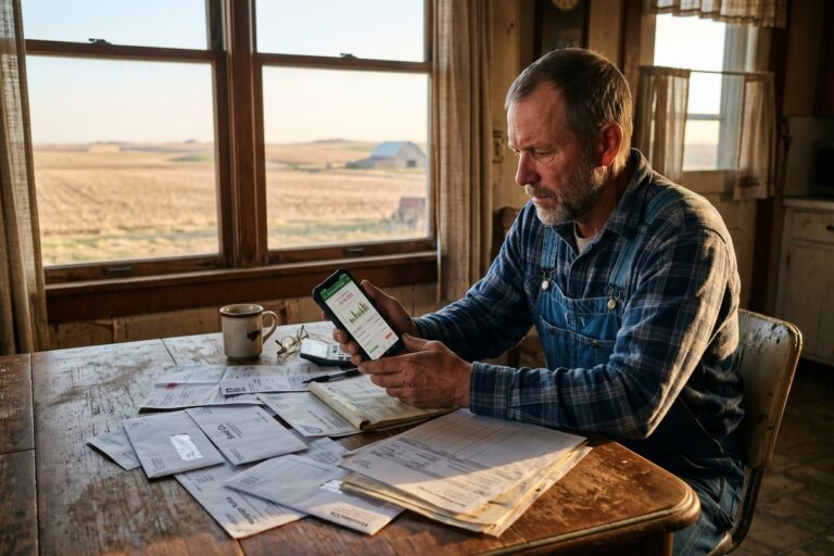 Rural borrower reviewing emergency finance options on a laptop at a farmhouse kitchen table