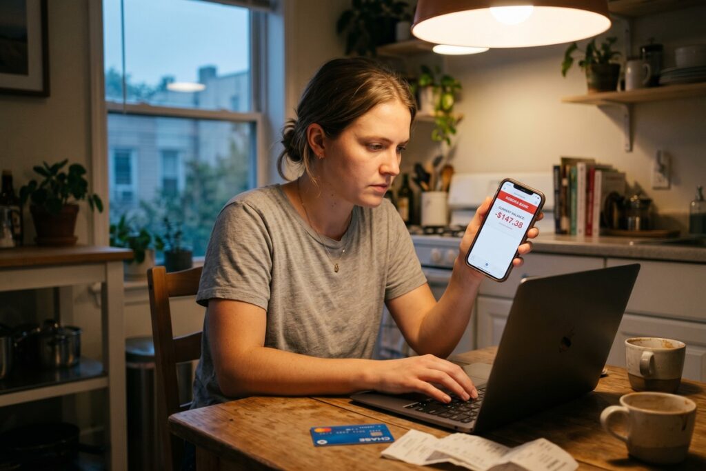 Person checking a negative bank account balance on a smartphone while researching emergency funding options