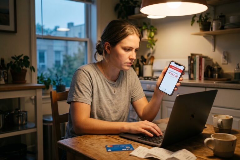 Person checking a negative bank account balance on a smartphone while researching emergency funding options