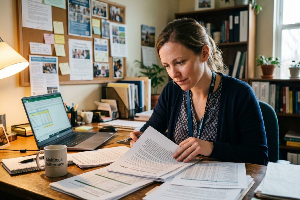Nonprofit worker researching emergency funding options on a laptop at a community office