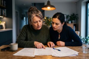 Two people reviewing an emergency loan co-signer agreement at a desk with financial documents