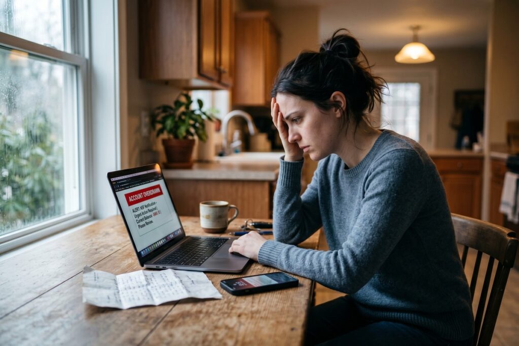 Person reviewing denied emergency loan application with laptop and financial documents on desk