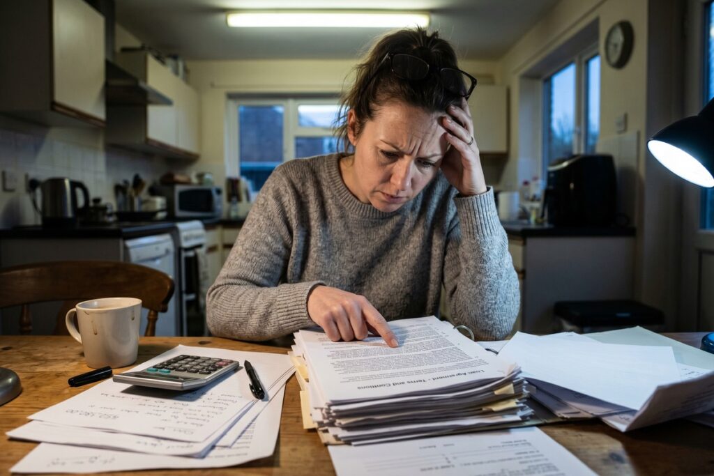 Borrower reading emergency loan contract with hidden fees highlighted in fine print