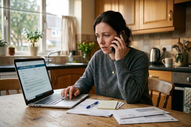 Person reviewing loan options on a laptop with collection account notices on the desk beside them