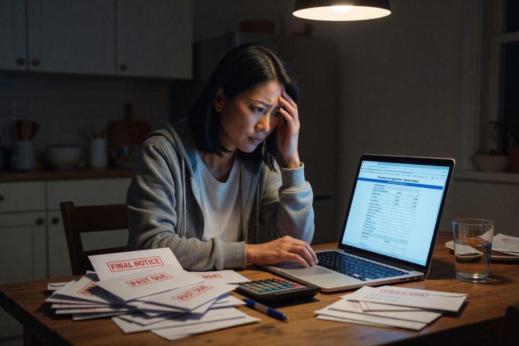 Person stressed while reviewing emergency loan documents highlighting common borrowing mistakes