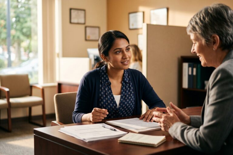 Immigrant reviewing emergency loan options on laptop at home