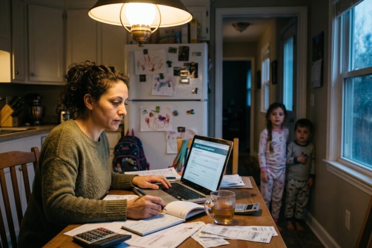Foster parent reviewing financial documents at a kitchen table with a child's artwork visible in the background