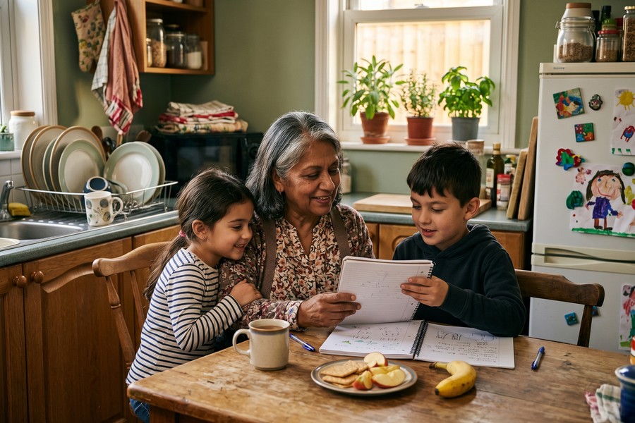 Grandparent and grandchild sitting together reviewing paperwork at home