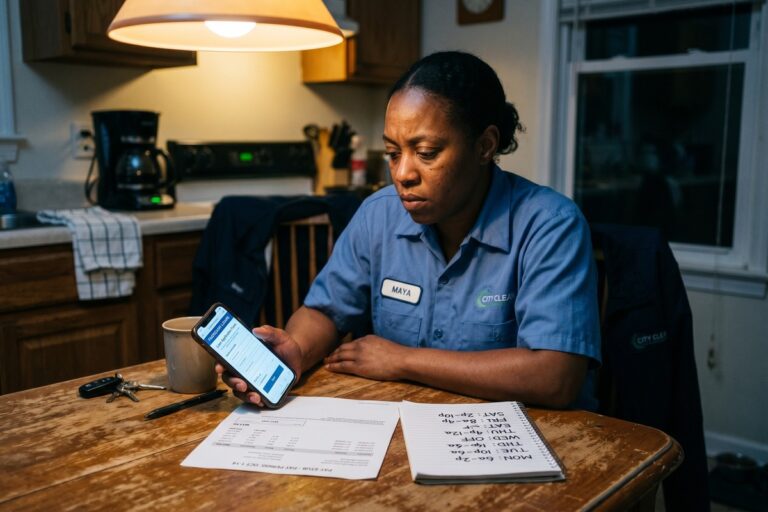 Hourly worker reviewing emergency loan options on a smartphone during a shift break