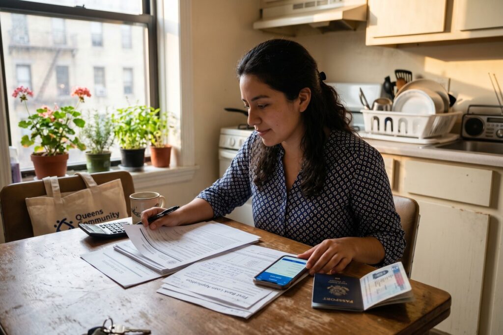A newly arrived immigrant reviewing loan options on a laptop at a kitchen table with financial documents nearby
