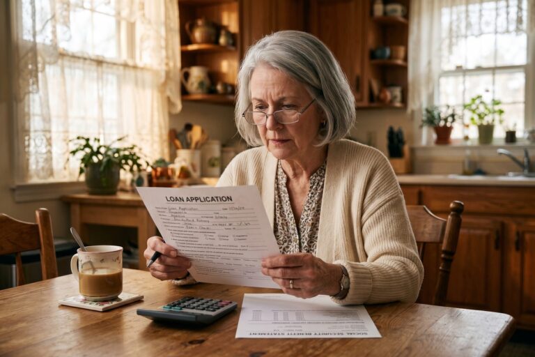 A retired couple reviewing loan documents at a kitchen table with a Social Security benefits statement visible nearby