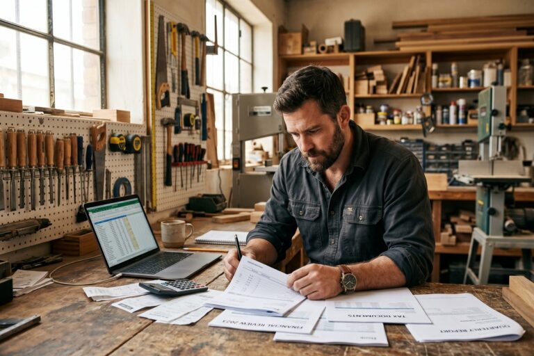 Self-employed borrower reviewing income documents to apply for an emergency loan without pay stubs