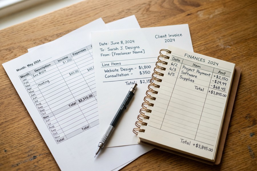 Organized pile of financial documents including tax returns, bank statements, and 1099 forms on a desk