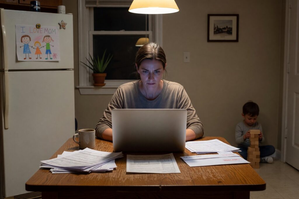 Single parent reviewing emergency loan options on a laptop at home