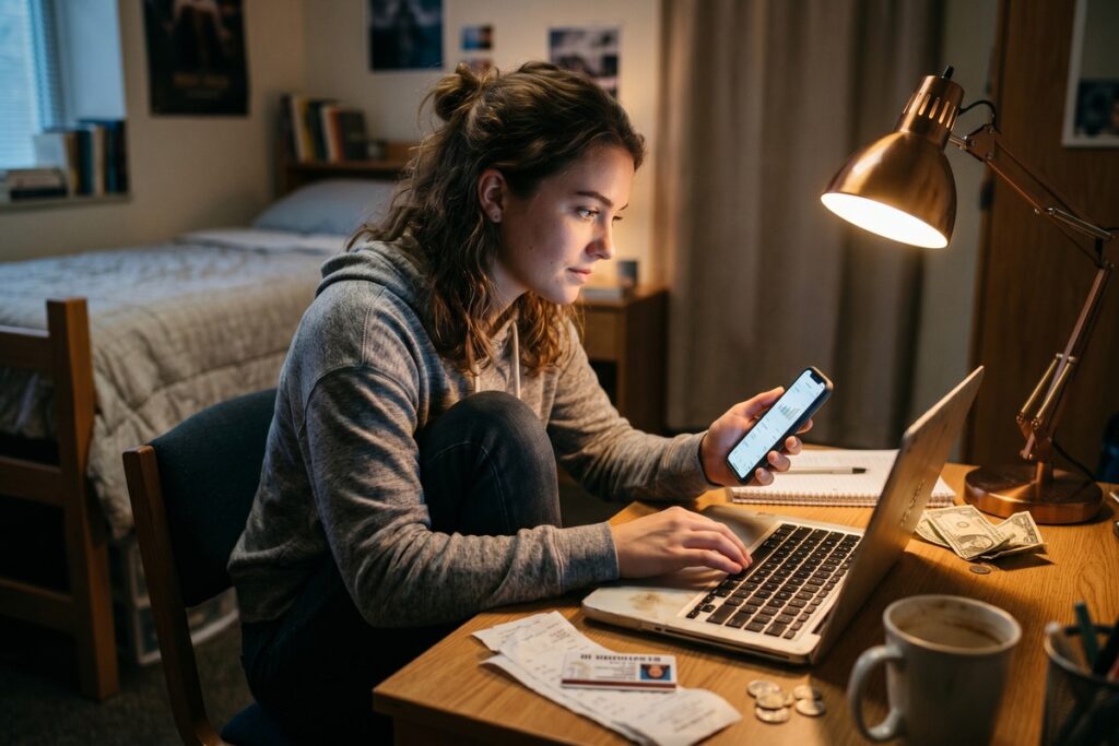 College student researching emergency money options on a laptop in a dorm room