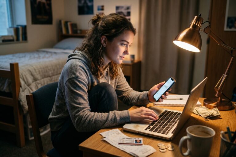 College student researching emergency money options on a laptop in a dorm room