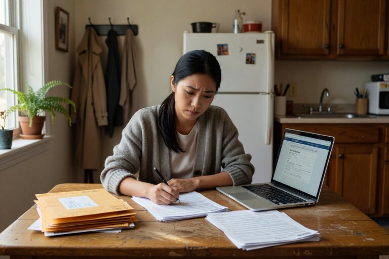 Tenant reviewing emergency rent assistance program documents at a desk
