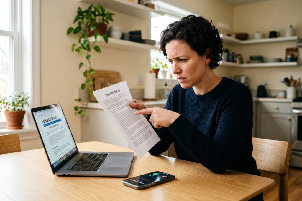 Person reviewing loan documents on a laptop spotting fake loan company signs and red flags