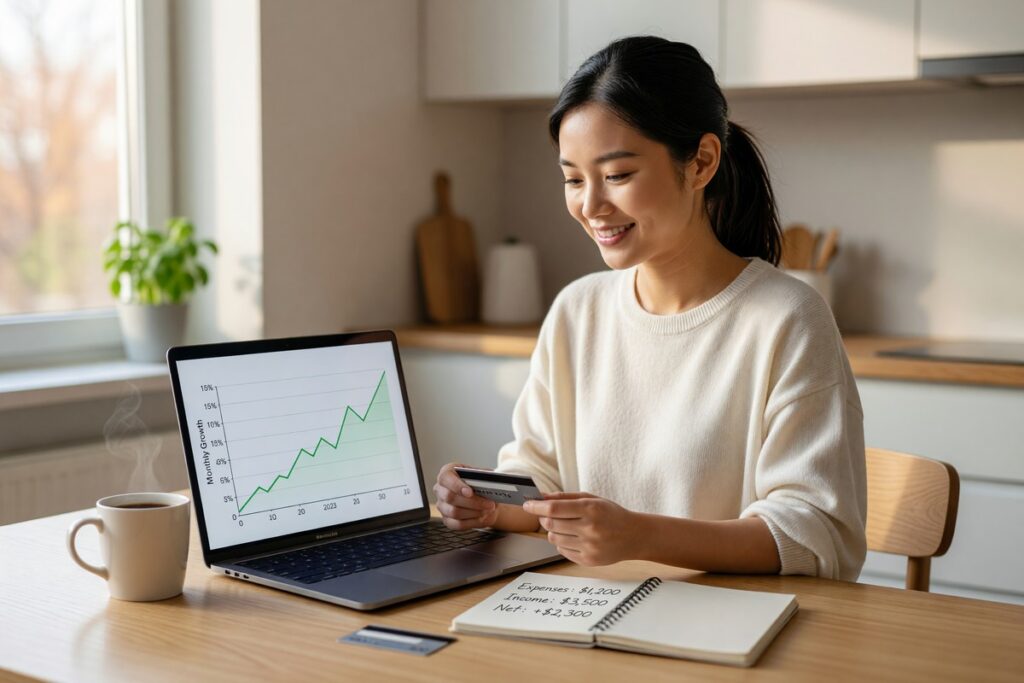 Person reviewing credit score report on laptop showing a 50-point increase in credit score