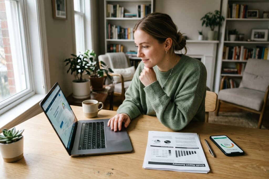 Person reviewing FICO Score 10 changes on a laptop while building credit in 2026