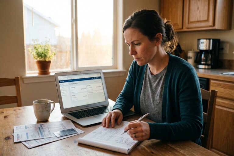 Person reviewing financial documents and bills during a financial emergency within the first 48 hours