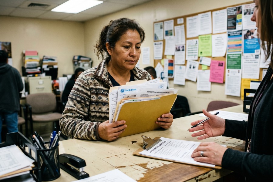 Community assistance center worker helping a family access emergency financial aid resources